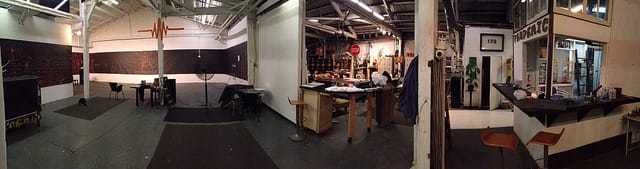 A panoramic view of the new Pandemic Gallery with the gallery space (on left) and the shared studio (right). (click to enlarge)