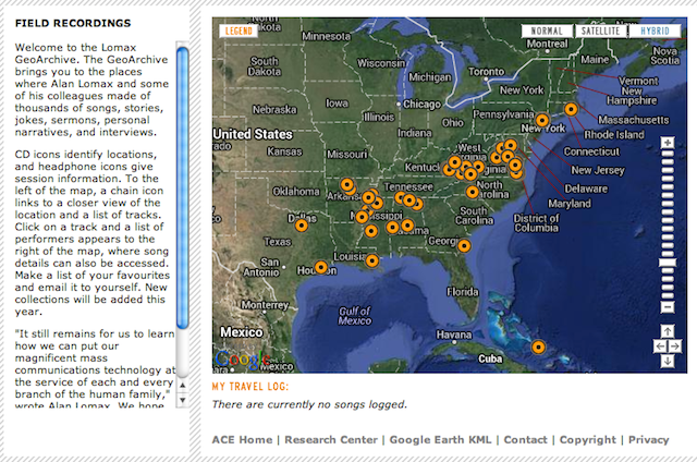 A map of the Lomax collection (screenshot via culturalequity.org)