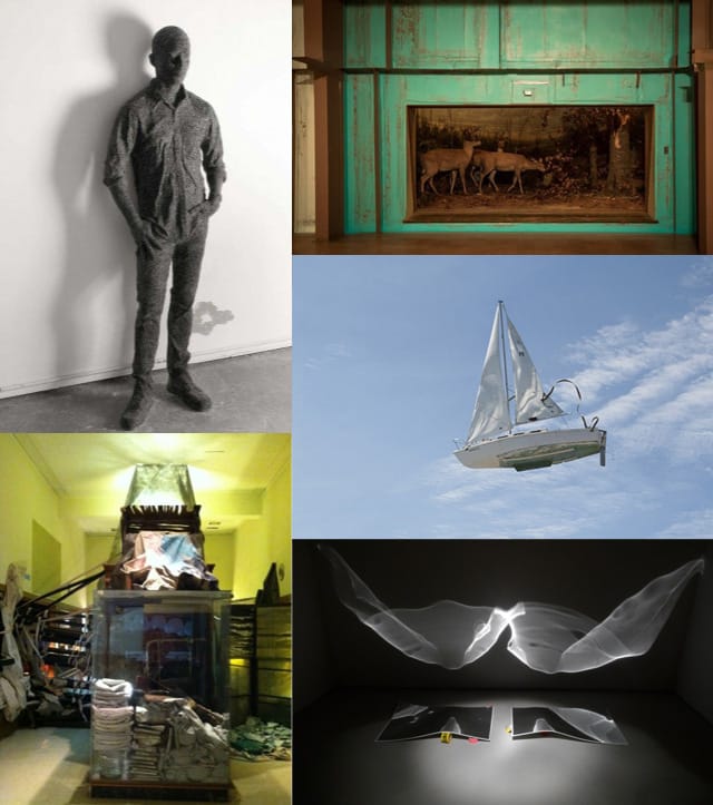 Works by (clockwise from top left) Daniel Arsham,