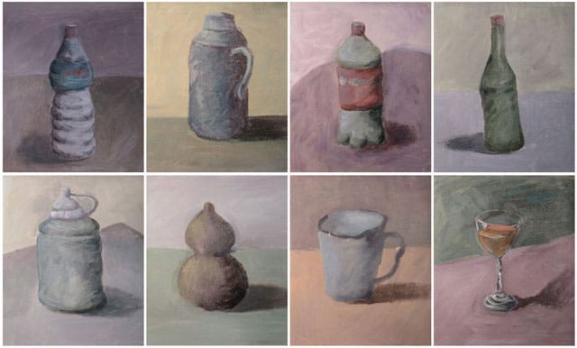 A detail of the Morandi-influences studio paintings.