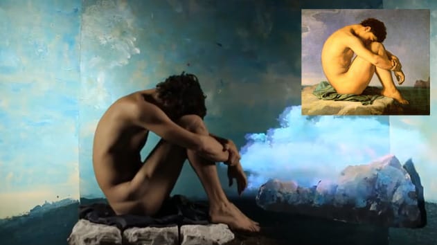 A screenshot from the Musee d'Orsay's video promotion from "Masculine / Masculine. The Nude Man in Art from 1800 to the Present Day" and its inspiration (inset) Jean-Hippolyte Flandrin's "Jeune homme nu assis sur le bord de la mer" (1855) (via Wikipedia)