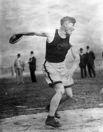 Jim Thorpe competing in the discus as part of the decathlon in the 1912 Summer Olympics in Stockholm (via Wikimedia)