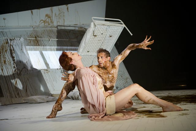Gregor Samsa and his mother (the stage is much more at this stage in the NYC production than in this photo from the London)