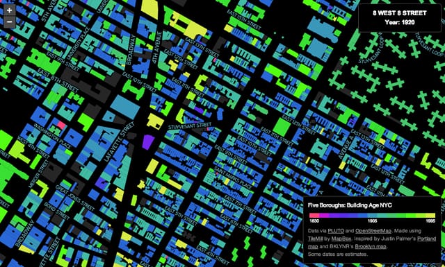 View of the East village (Cooper Union, built in the 1850s, is the purple building among the newer construction) 