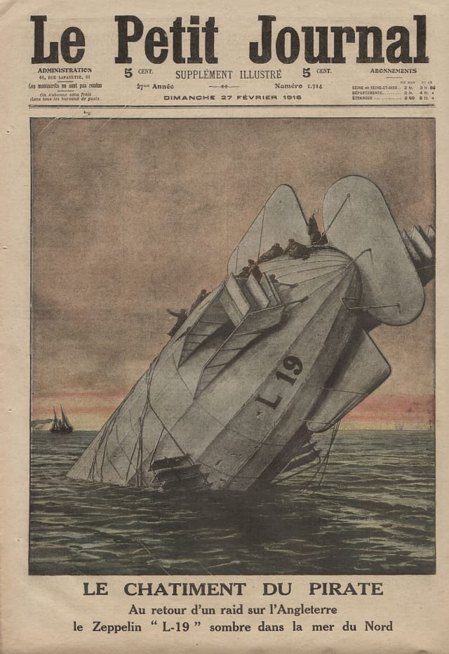 February 21, 1916: "The Punishment of a Pirate," showing a Zeppelin returning from a raid on England sinking in the North Sea (via Wikimedia)