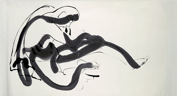 Isamu Noguchi. "Peking Drawing (man sitting)" (1930), horizontal hanging scroll, ink on paper. 43 3/4 x 81 in. (image courtesy of the Noguchi Museum) (via fryemuseum.org)