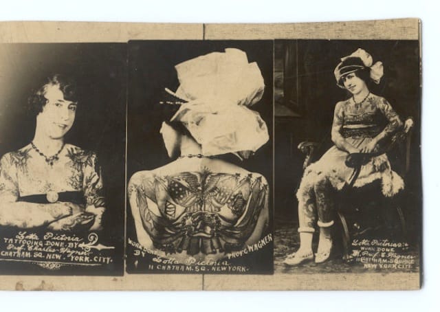 Lotta Pictoria, a tattooed lady (via Ronald G. Becker Collection of Charles Eisenmann Photographs at Syracuse University Library)
