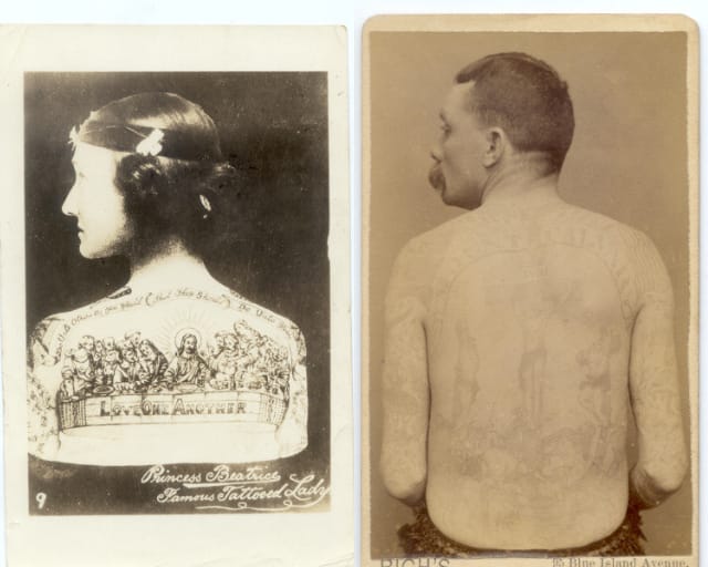 Man with the crucifixion (possibly Frank Howard?) and a woman with the last supper (via Ronald G. Becker Collection of Charles Eisenmann Photographs at Syracuse University Library)