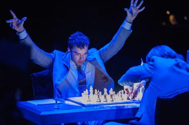 Park Avenue Armory presents "The Machine" Written by Matt Charman and Directed by Josie Rourke about Gary Kasparov's 1997 chess match against IBM Big Blue, on September 4, 2013. the performers: Garry Kasparov -Hadley Fraser Clara Kasparov -Francesca Annis Feng-Hsiung Hsu- Kenneth Lee Mandy Dinkleman -Phil Nichol Murray Campbell- Trevor White Joel Benjamin -Brian Sills Mikhail Botvinnik/Dr. Hans Berliner/Owen Williams -John Ramm Photographer/Anatoly Karpov/IBM Vice-President 2/Cornelius Booth Tamsin/Karen Daley Myers Antonia Bernath Katya/Angela Burgess- Lucille Sharp IBM Vice-President 1/Ad Director David Mumeni Young Garry/Josh Lorenzo Allchurch/Nicholas Croucher AV Performer/Technician Daniel Harries Camera Operator/Performer Rob Lines Credit:  Stephanie Berger.  All Rights Reserved. Photo Credit:  Stephanie Berger.