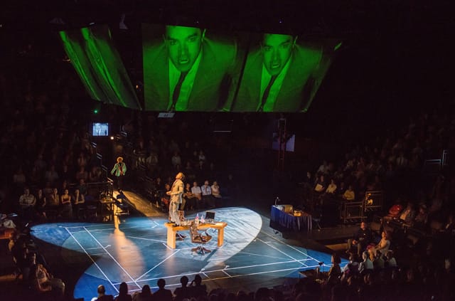 Photos of "The Machine"  Written by Matt Charman and Directed by Josie Rourke about Gary Kasparov's 1997 chess match against IBM Big Blue, on September 5, 2013 during a performance with audience. the performers: Garry Kasparov -Hadley Fraser Clara Kasparov -Francesca Annis Feng-Hsiung Hsu- Kenneth Lee Mandy Dinkleman -Phil Nichol Murray Campbell- Trevor White Joel Benjamin -Brian Sills Mikhail Botvinnik/Dr. Hans Berliner/Owen Williams -John Ramm Photographer/Anatoly Karpov/IBM Vice-President 2/Cornelius Booth Tamsin/Karen Daley Myers Antonia Bernath Katya/Angela Burgess- Lucille Sharp IBM Vice-President 1/Ad Director David Mumeni Young Garry/Josh Lorenzo Allchurch/Nicholas Croucher AV Performer/Technician Daniel Harries Camera Operator/Performer Rob Lines Credit:  Stephanie Berger.  All Rights Reserved. Photo Credit:  Stephanie Berger.