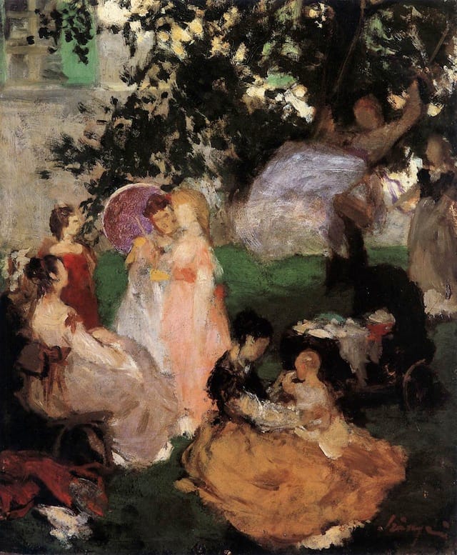 Pál Szinyei Merse, “The Swing (Vacationers, In the Garden)” (1869). Oil on cardboard, 54 x 41 cm. Magyar Nemzeti Galéria, Budapest. (Image via Web Gallery of Art) 