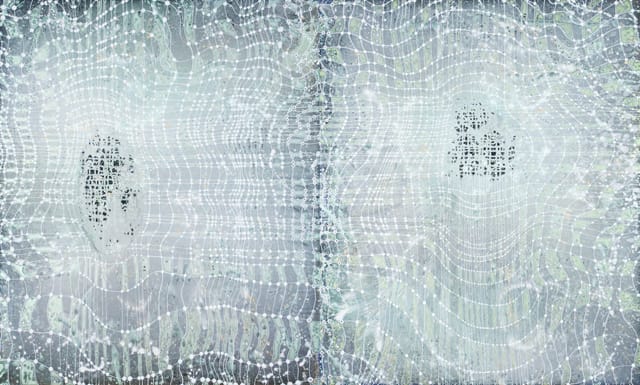 Barbara Takenaga, "White Grid on Silver" (2013), acrylic on linen, 54 x 90 inches.