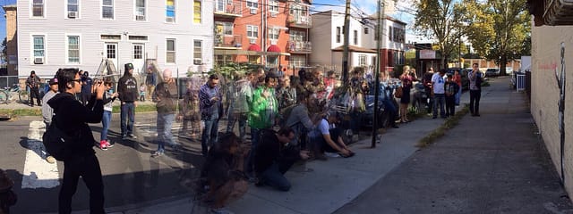 The audience around the Woodside Banksy today around 11:45am