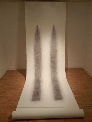 Joanne Aono, "Hashi Twin" (2013), graphite on inscribed paper, 180" x 52" (click to enlarge)