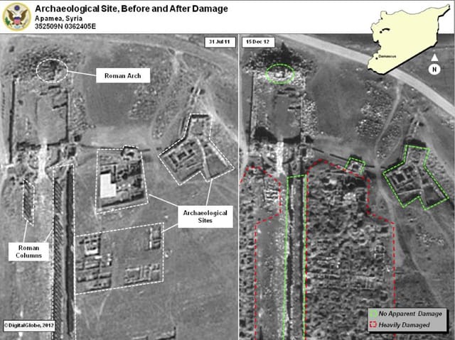 Between July and December 2012, at least 3 armored vehicles deployed to the southern end of the Great Colonnade of Apamea.