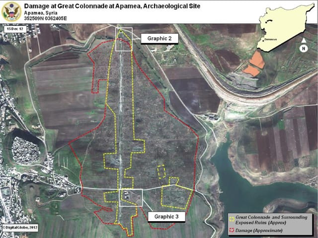 The area of damage to the ruins at the archaeological site of Apamea is approximately 120 hectares.