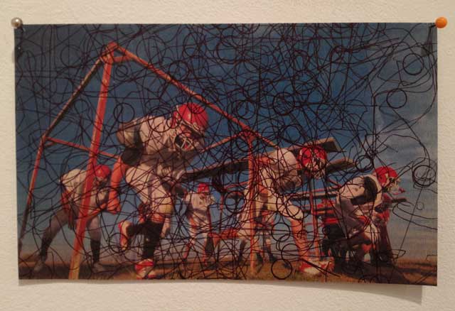 Austin Thomas, "Football," from the "NYT drawings" series (2007–08), pen, New York Times cover photo (photo by the author for Hyperallergic)