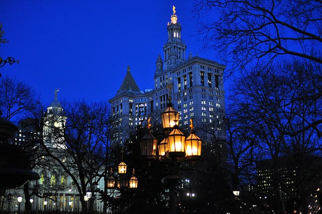 New York City Hall (through the trees), an Archtober Building of the Day (photograph by Shawn Hoke/Flickr user)