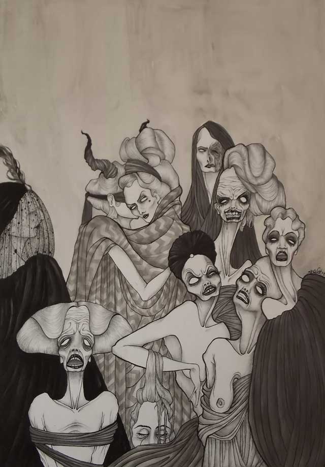 Daniele Davitti, "Infelici stanze" (Unhappy rooms) (2013), acrylic, ink, and graphite on canvas, 28" x 30"