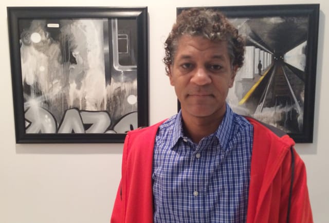 Graffiti veteran DAZE at the "Write of Passage" show in Chelsea. (photo by the author for Hyperallergic)