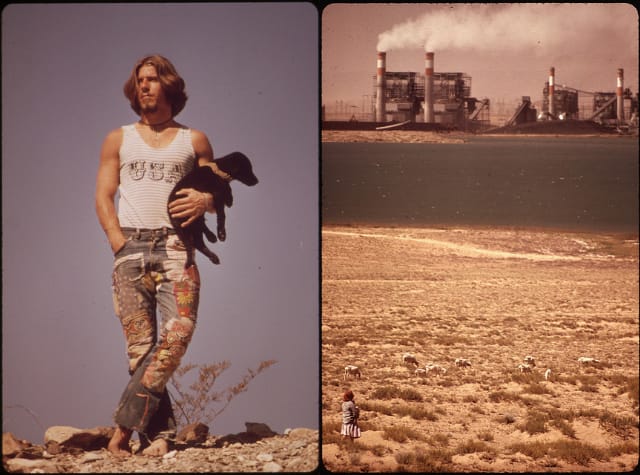 Hitchhiker and his dog on US 66, May 1972 (photograph by Charles O'Rear, via U.S. National Archives) & a power plant and a Navajo sheep herder in Arizona (photograph by Terry Eiler, via U.S. National Archives)
