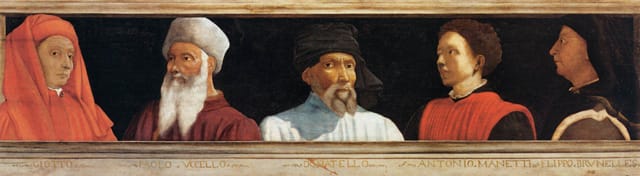 Unknown Master, Italian, "Five Famous Men" (1490s). Tempera on wood, 43 x 210 cm. Musée du Louvre, Paris