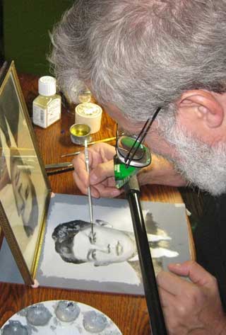 Tim Jenison painting, in a film still from "Tim's Vermeer" (courtesy Sony Pictures Classics) (click to enlarge)