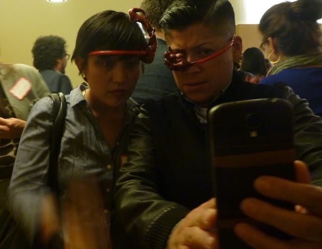 Thea Tagle and Raquel Gutiérrez pose with their Manananggoogle Glasses. Image by the author for Hyperallergic.