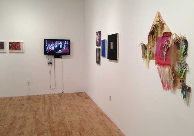 Installation view, "Burying the Lede," with work by (from left to right): Becca Albee, Liz Magic Laser, Jon Newman, and Elissa Levy (photo by the author for Hyperallergic)