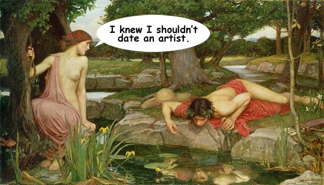 Original work is John William Waterhouse's "Echo and Narcissus" (1903) (via Wikipedia)