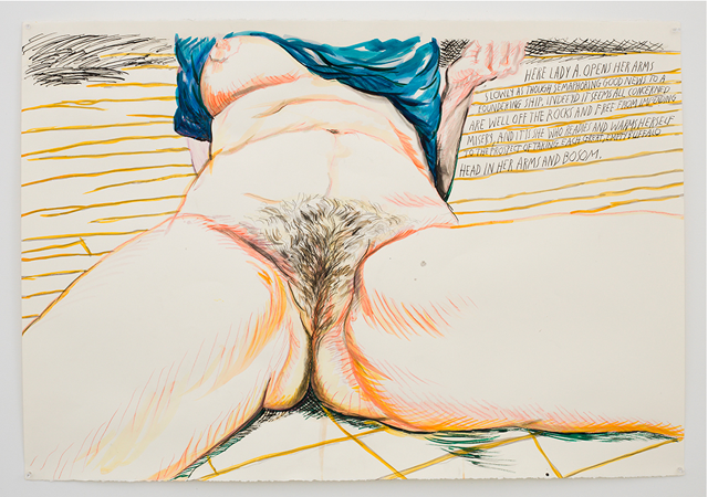 Raymond Pettibon, "No Title (Here Lady A…)" (2013), ink, colored pencil, and watercolor pencils on paper, 30 3/8 x 44 in (courtesy David Zwirner)