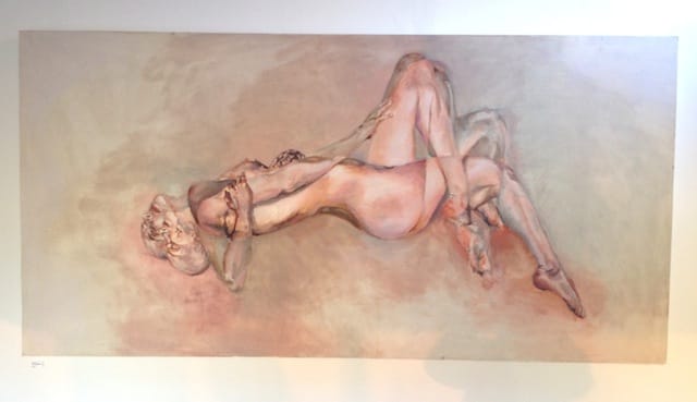 Sammie Madson, "Form in Motion 1," (2013). Oil on board. One painting from a triptych. Image by the author for Hyperallergic.