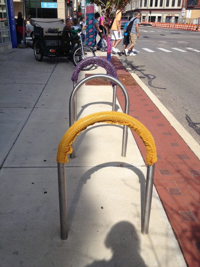 Public yarn coverings scattered about the city of Grand Rapids