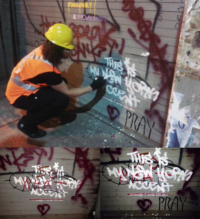 The Chelsea Banksy being "restored" by some man with an American accent at roughly midnight last night. (top photo courtesy Anna Torras, and bottom photos by Hrag Vartanian for Hyperallergic, left 8:15pm Thurs, right 12:30am Fri)