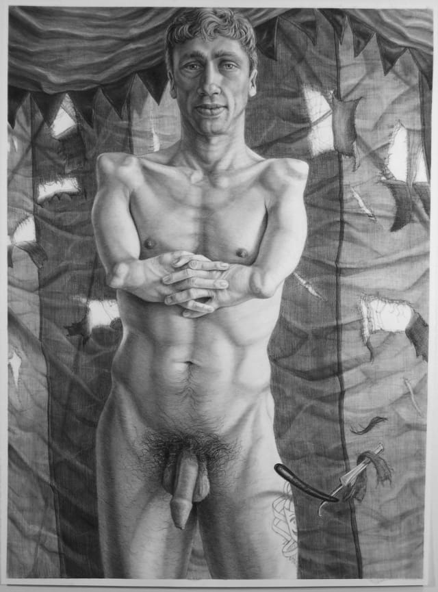 Riva Lehrer, "Mat Fraser: Sealo Seal Boy" (2006), charcoal on paper, 30 x 44 "Mat Fraser is a London-based actor who works on stage, film, TV and radio.  He uses his life experience of thalidomide phocomelia to satirize both the social fears around disability, and the excesses of political correctness."