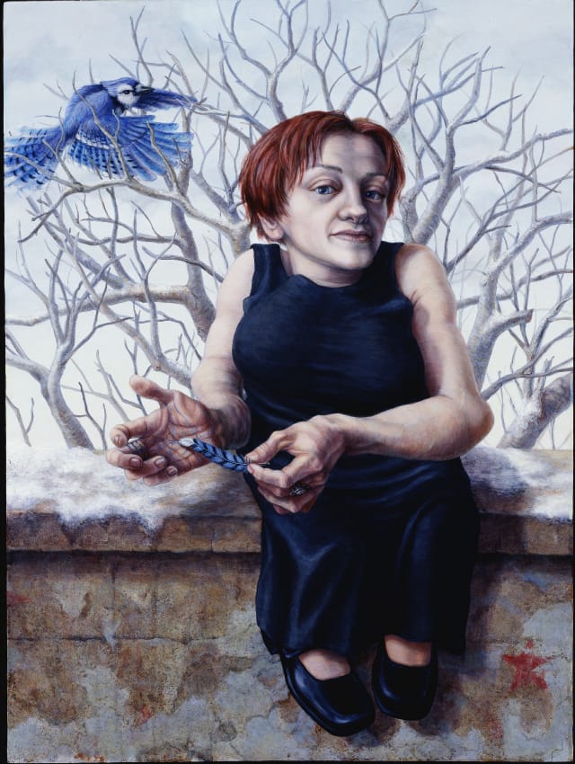 Riva Lehrer, "Rebecca Maskos" (2001), acrylic on panel, 24 x 18. "Rebecca Maskos is a scholar and activist working to create a more vibrant disability culture in Germany. Rebecca, who has osteogenesis imperfecta, was a Fulbright scholar at the University of Illinois at Chicago at the time of this portrait."