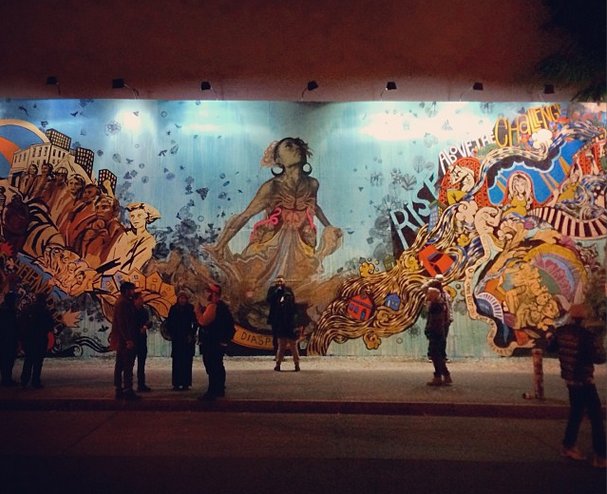 A pic I snapped of the Swoon mural (in progress) last Friday night. (photo by the author for Hyperallergic)