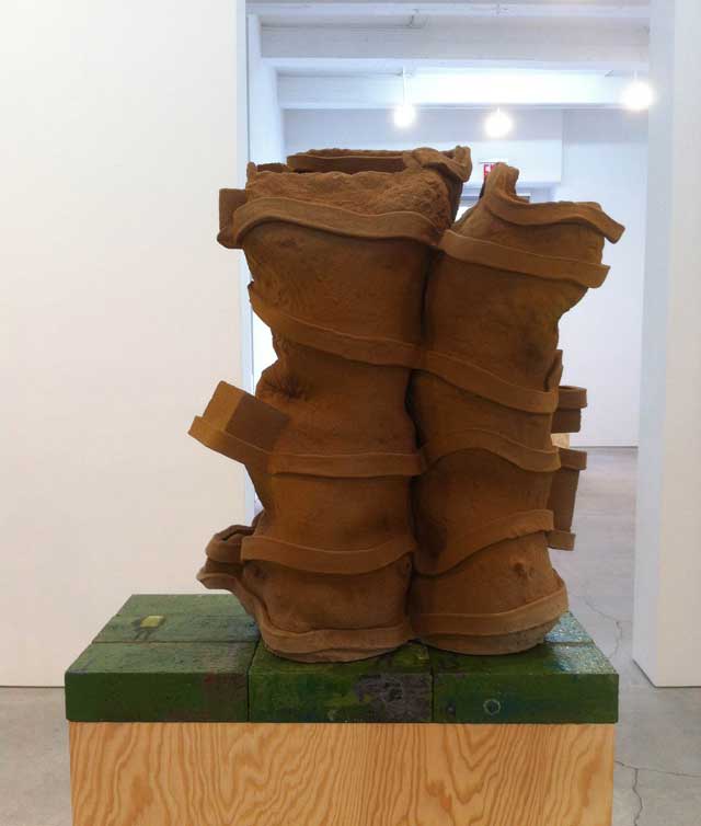 Arlene Shechet, "Out and Out" (2013), glazed ceramic, glazed bricks, wood base, ceramic: 26.5 x 21 x 15 in, overall: 71.5 x 27 x 16 in