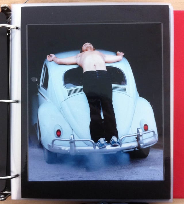 Chris Burden, "Trans-fixed" (April 23, 1974). Performance, Venice, California. Documentary photograph in three-ring binder. (all photos by the author for Hyperallergic)