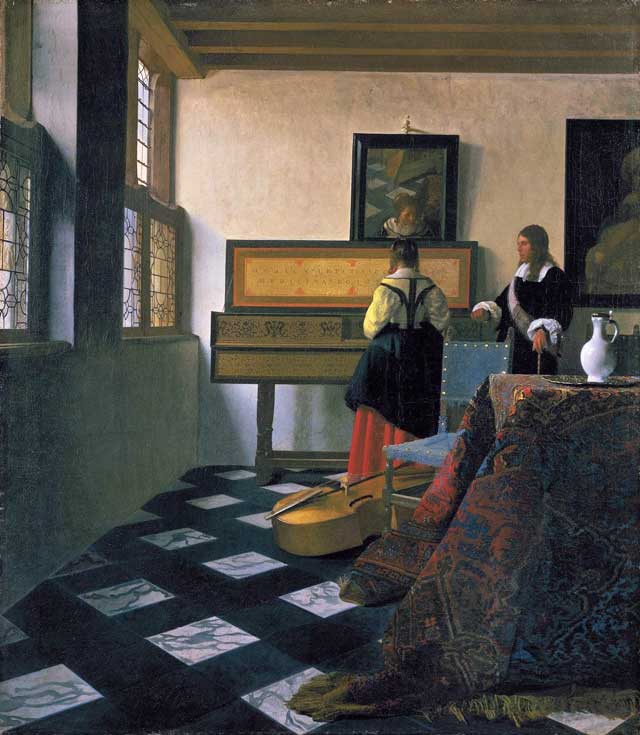 Johannes Vermeer, "A lady at the virginals with a gentleman (The Music Lesson)" (c 1662–65),oil on canvas, 28.9 x 25.4 in