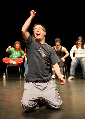 Performer Gianni Blumer performs a solo during Jerome Bel's Disabled Theater. (Photo: Ian Douglas; Courtesy: New York Live Arts) 
