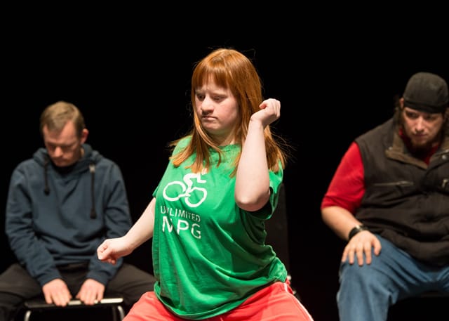 Performer Julia Häusermann performs a solo during Jerome Bel's Disabled Theater. (Photo: Ian Douglas; Courtesy: New York Live Arts) 
