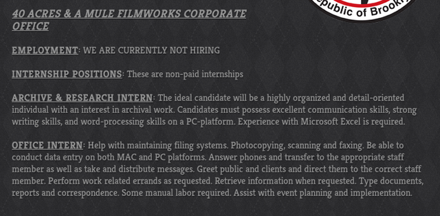 Screenshot of part of 40 Acres and a Mule's employment page (via 40acres.com)