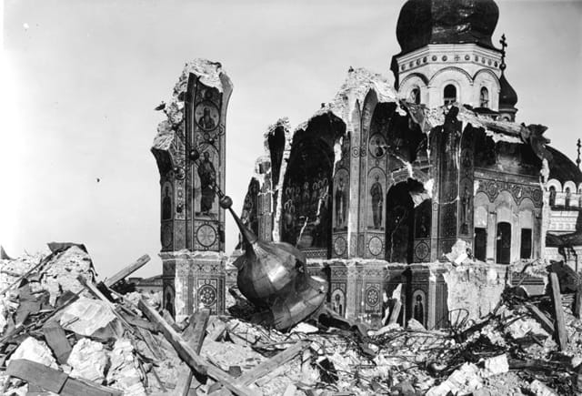 Destruction of the Dormition Cathedral of the Kyivan Cave Monastery in World War II (via Wikimedia)