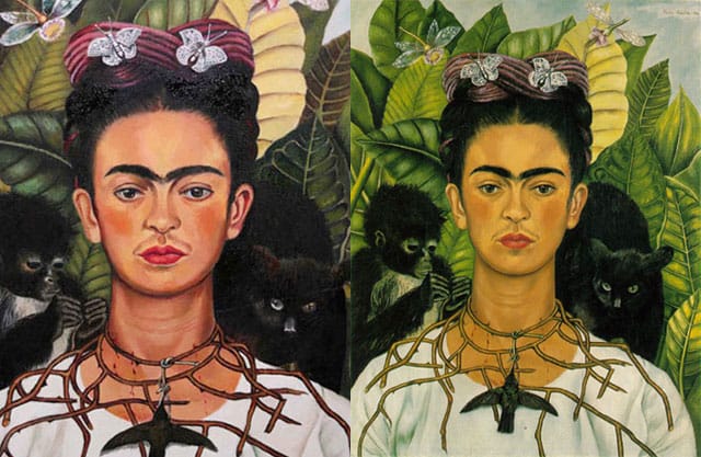 Left: the Kuntsmuseum Gehrke-Remund's copy of Frida Kahlo's "Self-Portrait with Thorn Necklace and Hummingbird" (© Banco de México Diego Rivera & Frida Kahlo Museums Trust / VG Bild-Kunst, Bonn 2008); right: the original painting (via Wikipedia)