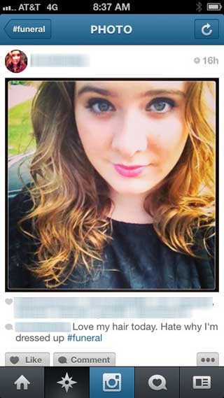 A funeral selfie from Jason Feifer's tumblelog Selfies at Funerals (via Tumblr)