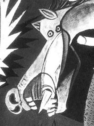 Detail of Picasso's "Guernica" (1937) with the head reminiscent of the Baule mask. The image has been rotated for clarity. (via Wikipedia)