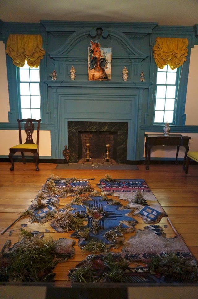 Valerie Hegarty, "Native American Chief (Sharitarish) with Branches" and "Native American Rug with Marsh Grass" (both 2013), in the Cupola House parlor