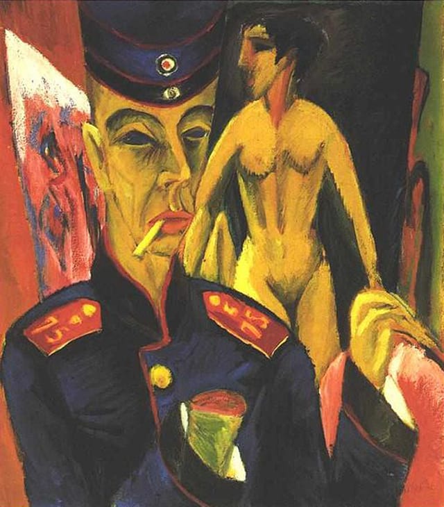 Ernst Ludwig Kirchner, "Self-portrait as a Soldier" (1915), oil on canvas (not destroyed, held in the collection of the Allen Memorial Art Musem at Oberlin College) (via Wikimedia)