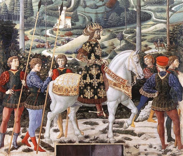 Benozzo Gozzoli, "Procession of the Middle King" (detail) (1459-60).  Fresco. Chapel, Palazzo Medici Riccardi, Florence. (Image via Web Gallery of Art)